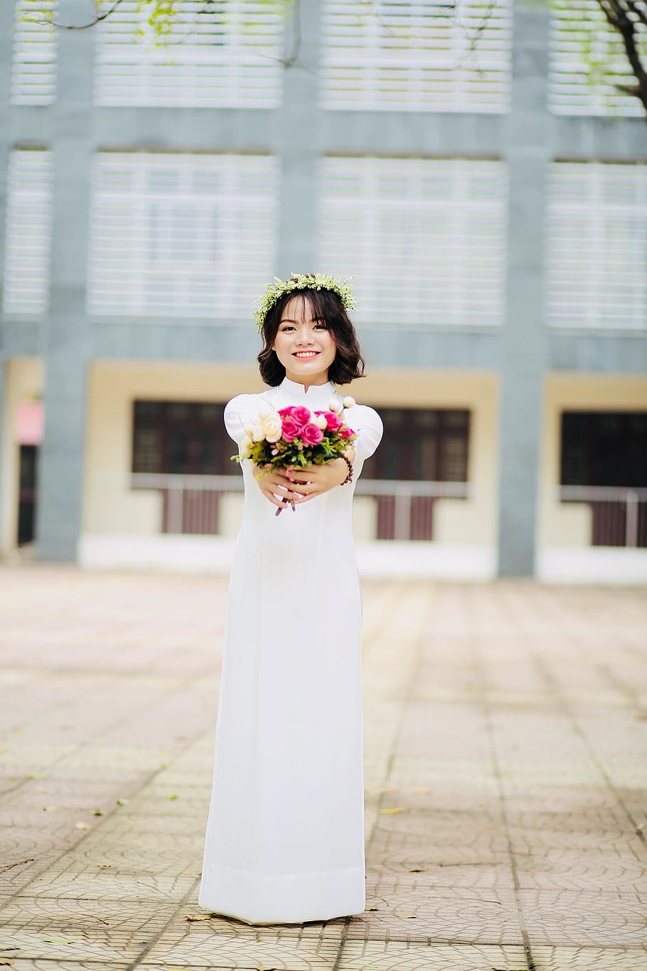 woman holding bouquet of petal flower, wedding, human, person