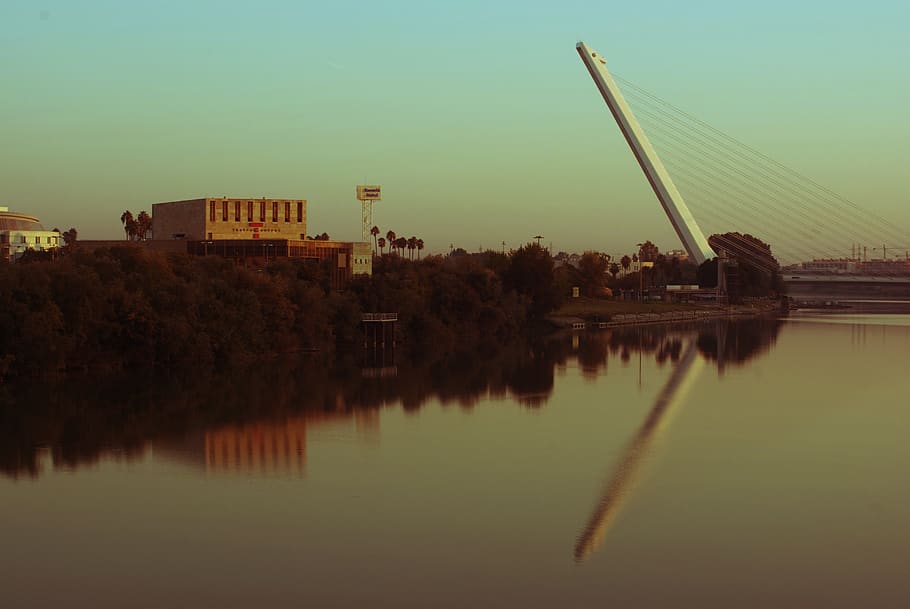 spain, seville, reflections, river, water, built structure HD wallpaper