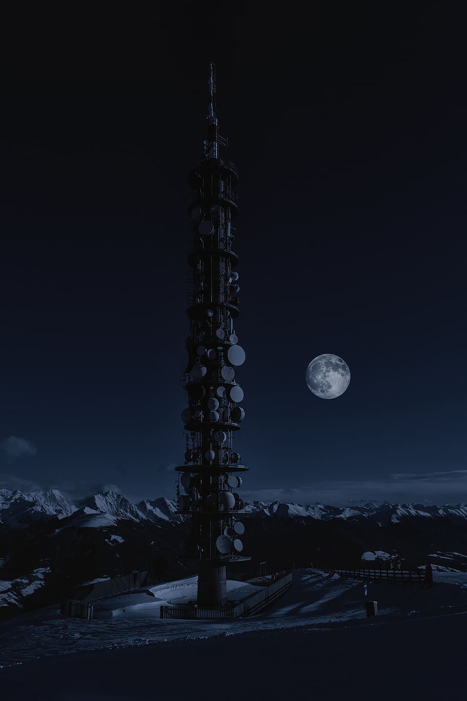 tower on snow under full moon, night, sky, nature, winter, cold temperature HD wallpaper