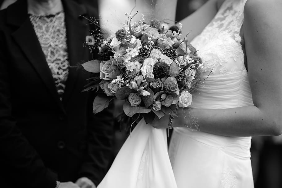 flowers, bouquet, wedding, bride, newlywed, event, wedding dress HD wallpaper
