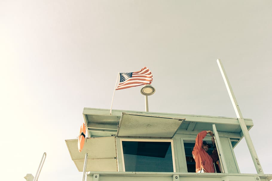 united states, flag, america, beach, beach hut, wind, retro, HD wallpaper