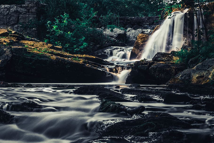 waterfall, hiking, falls, nature, summer, longexposure, ndfilter HD wallpaper