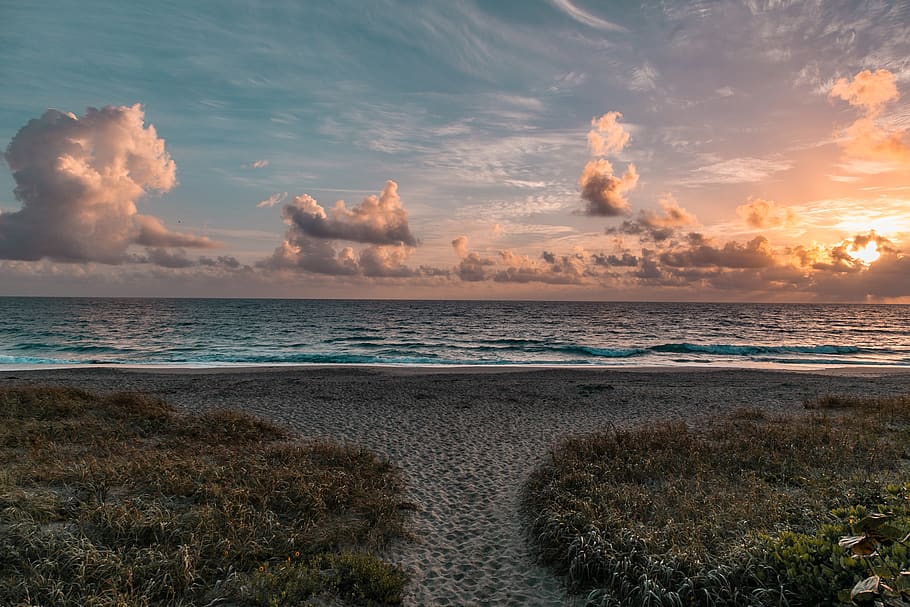 sunrise, florida, sunset, orange, pink, blue, ocean, water, HD wallpaper