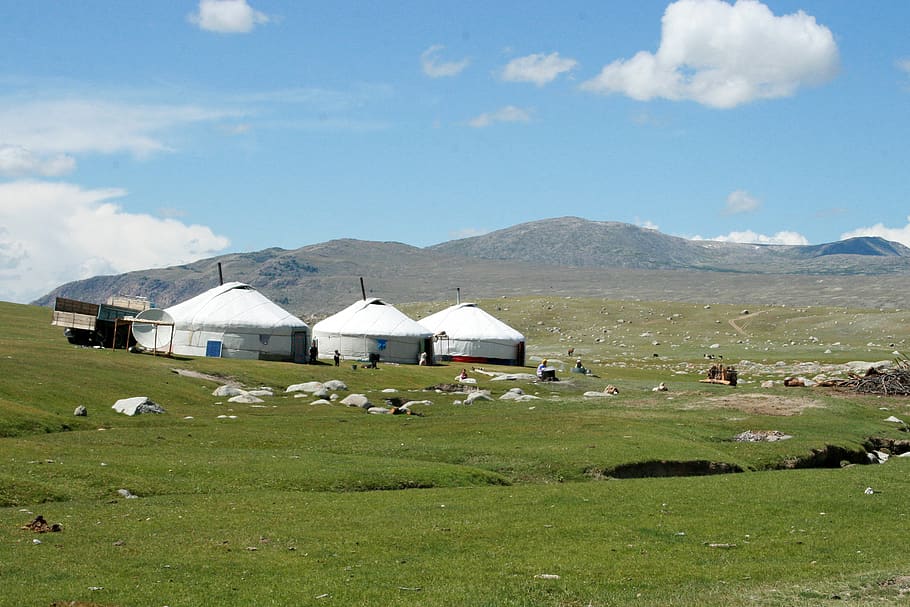 three white shed, sky, mountain, built structure, landscape, environment HD wallpaper