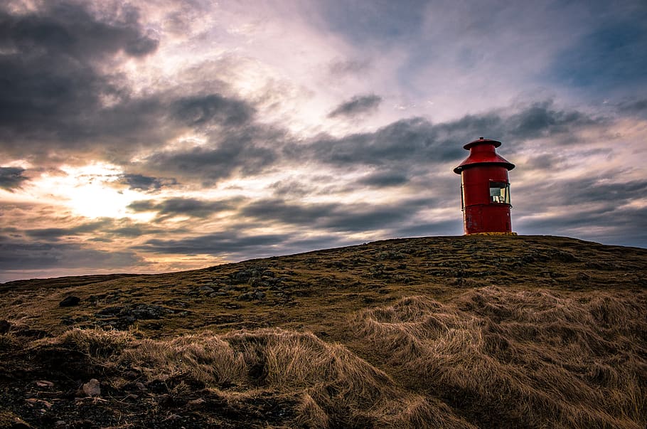 stykkishólmur, iceland, lighthouse, red, winter, sunset, landscape HD wallpaper