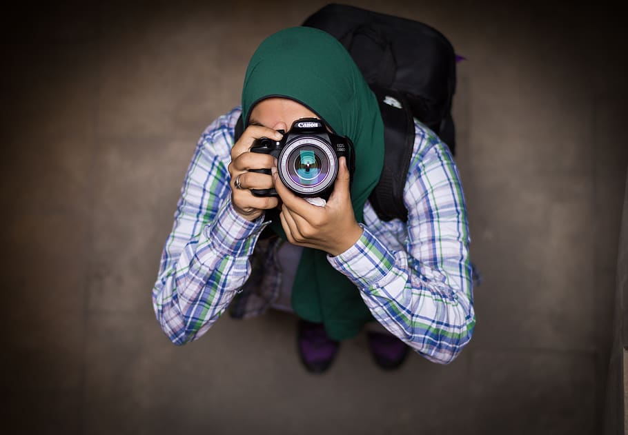 High-angle Photography of Person Holding Canon Dslr Camera, female HD wallpaper