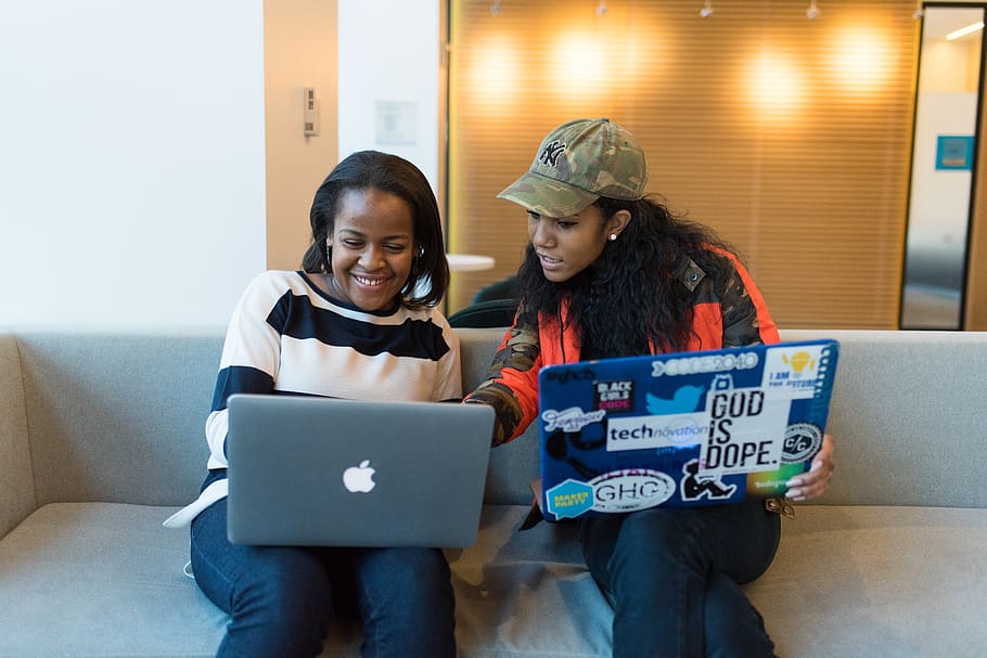 Two Woman Sitting On Sofa While Using Laptops , developer, development HD wallpaper