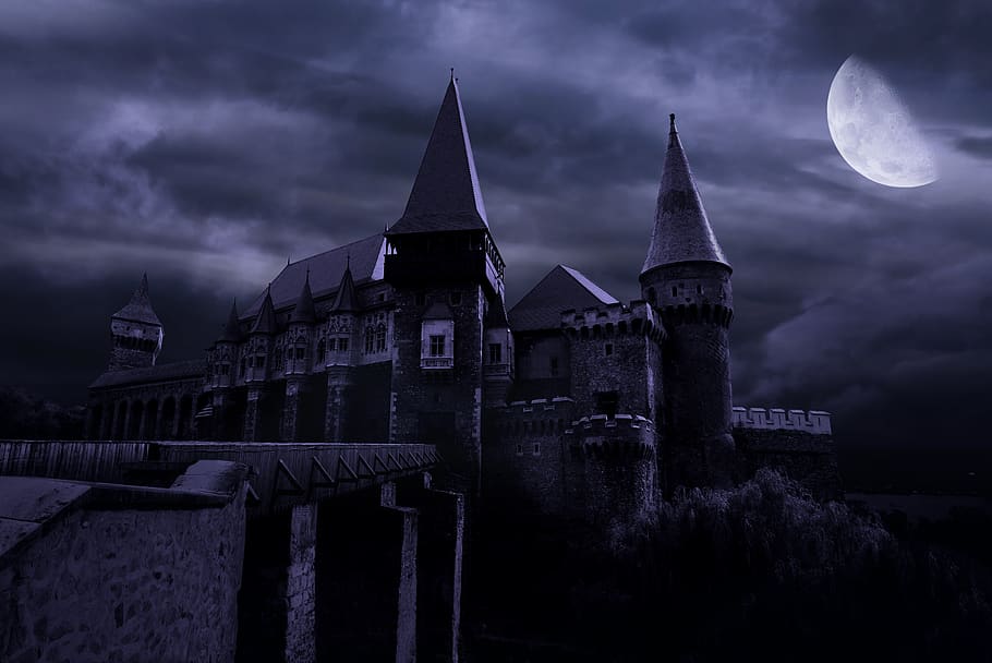 night, moon, moonlight, architecture, castle, towers, cloud - sky HD wallpaper