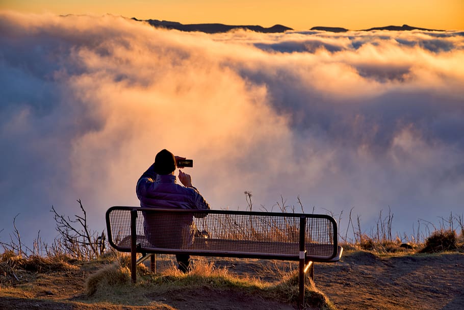 landscape, cloud, fog, sunset, mountain, evening, man, bench HD wallpaper