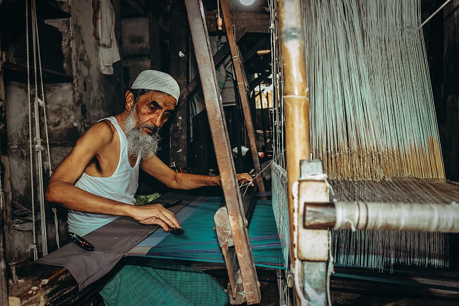 man weaving thread, occupation, industry, working, indoors, real people HD wallpaper