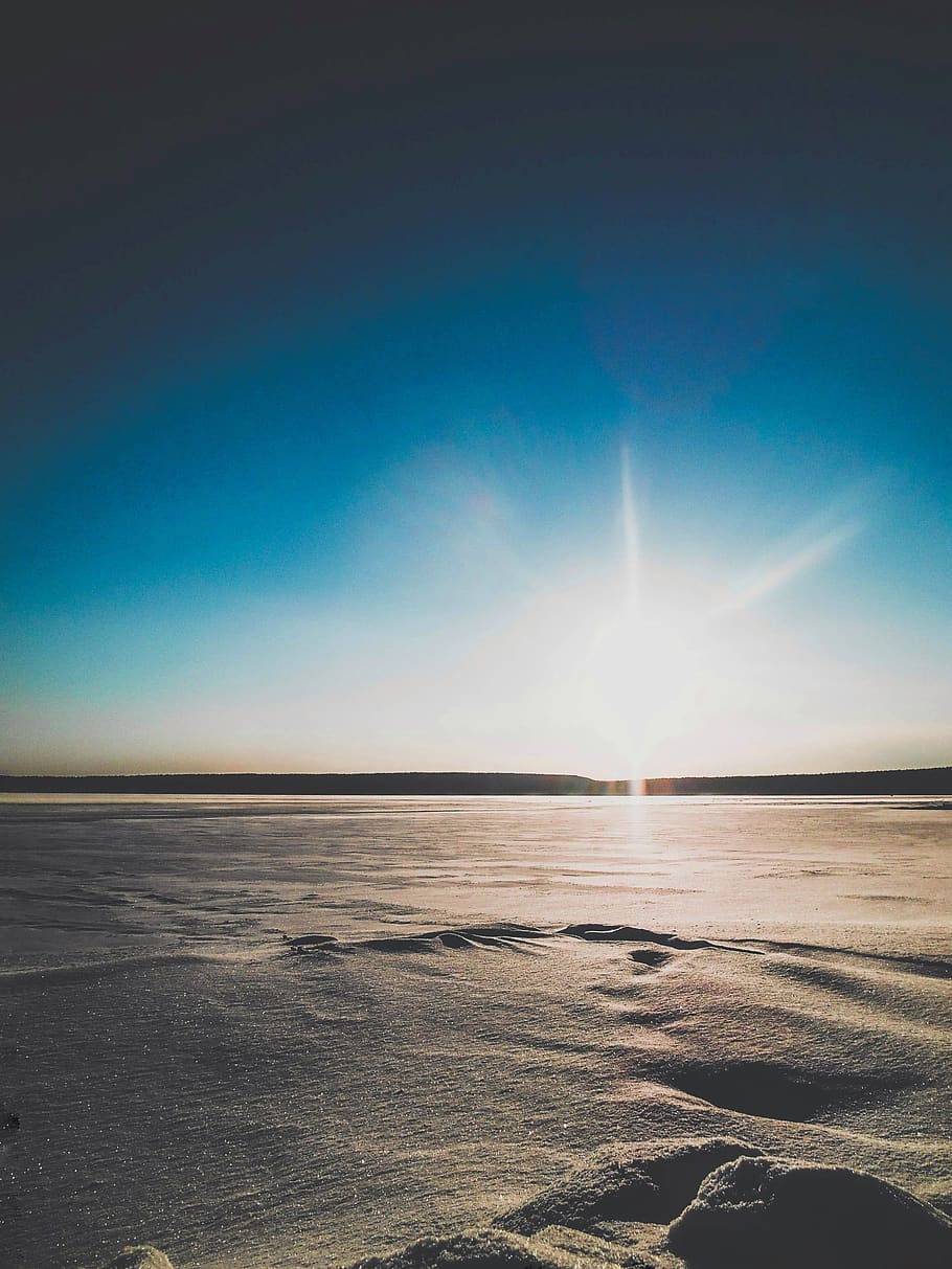 forest, winter, trees, lake, ice, snow, sky, sun, blue, white HD wallpaper