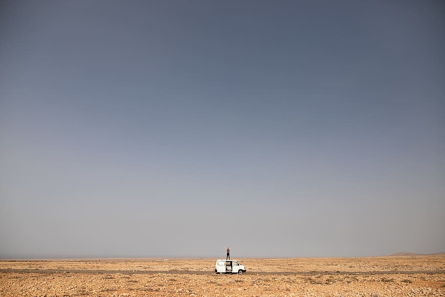 white vehicle, sky, land, transportation, copy space, nature HD wallpaper