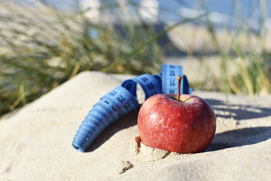 apple, blue tape, sand, weight lost, balance, diet, gain weight, HD wallpaper