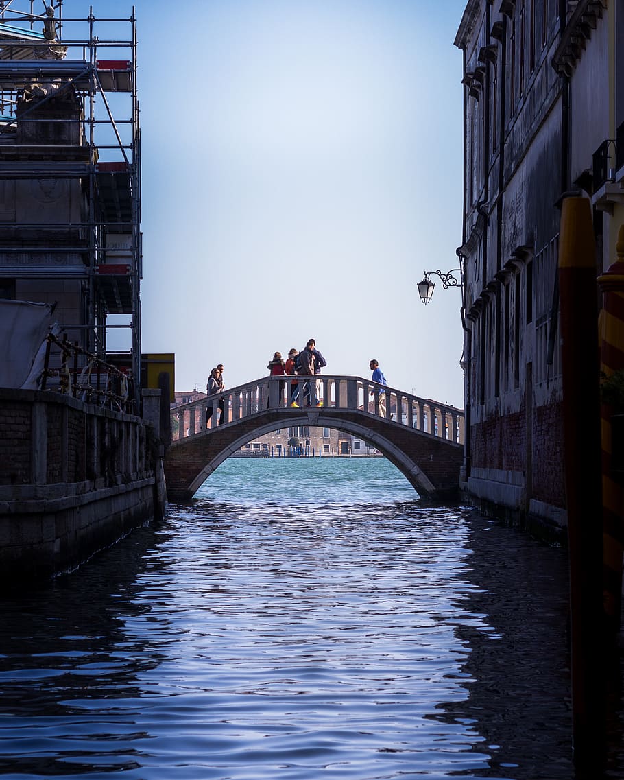 people crossing bridge, person, human, water, outdoors, building HD wallpaper