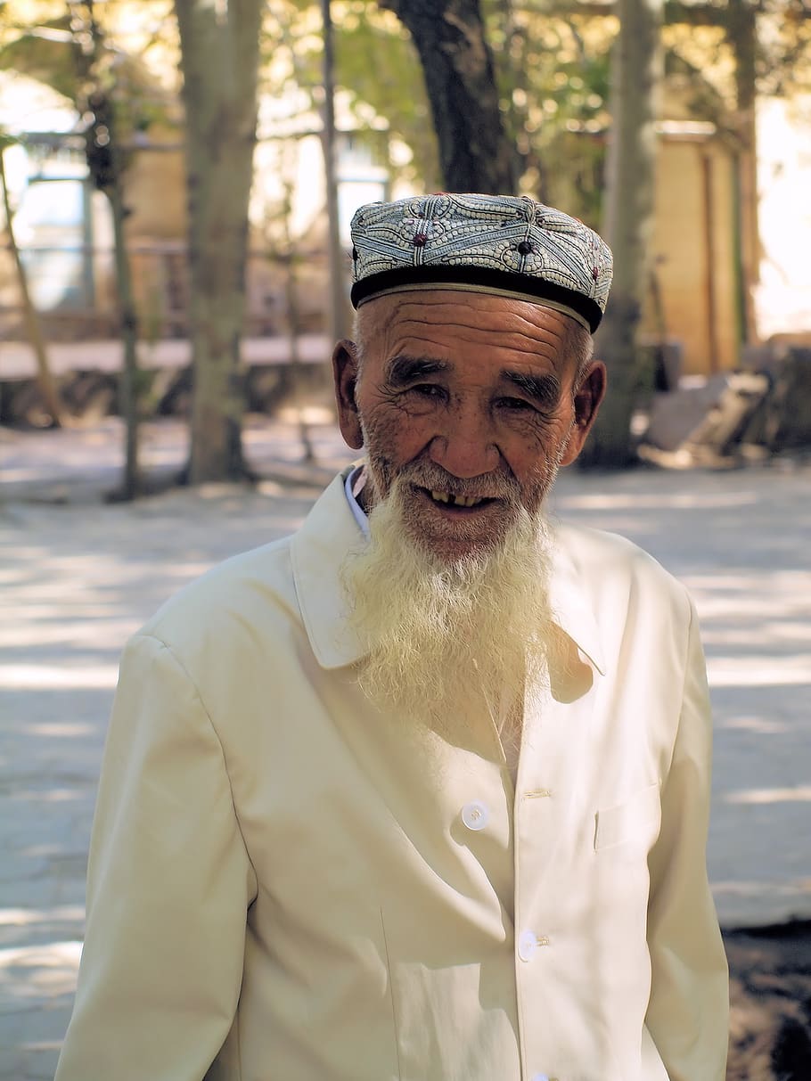 old man, face, beard, portrait, muslim, smiling, facial hair HD wallpaper