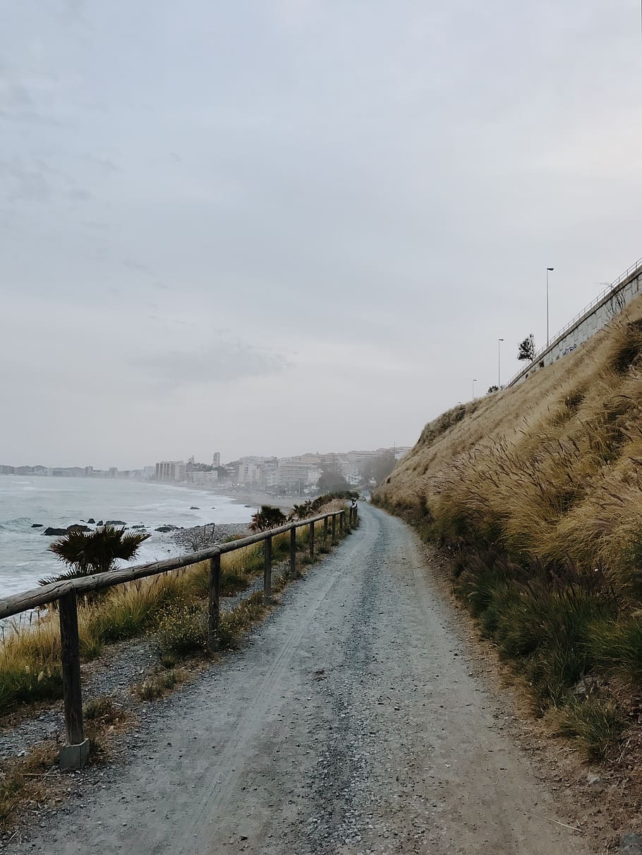 españa, benalmádena, path, beach, hill, ocean, road, water HD wallpaper