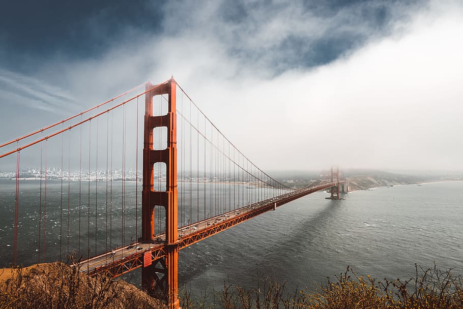 Golden Gate Bridge, water, sky, architecture, mist, fog, structure, HD wallpaper