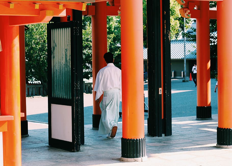 man walking in temple, human, person, people, architecture, pillar HD wallpaper