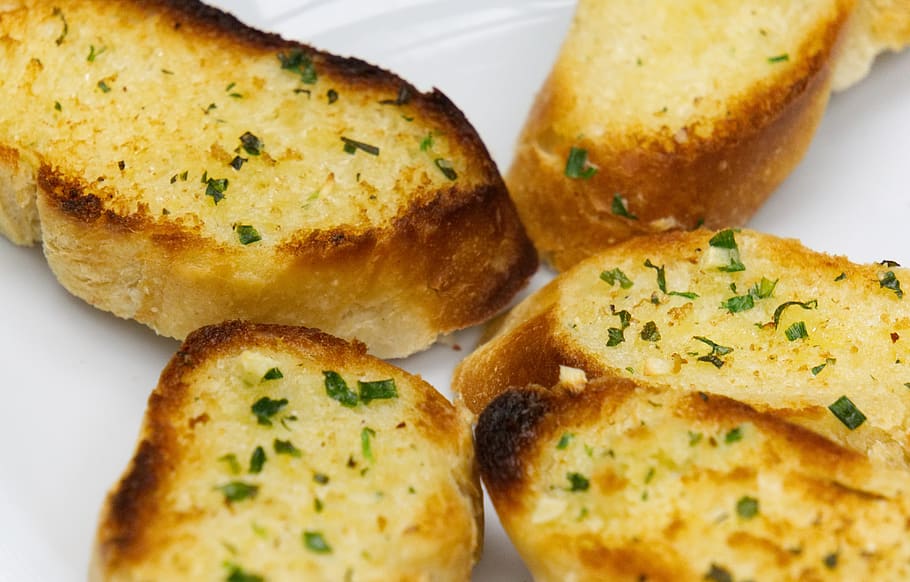 bread, baguette, baked, herbs, butter, herb butter, garlic, HD wallpaper