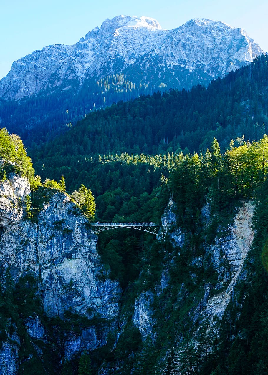 Mountain Range With Green Trees, adventure, bridge, conifer, dawn HD wallpaper