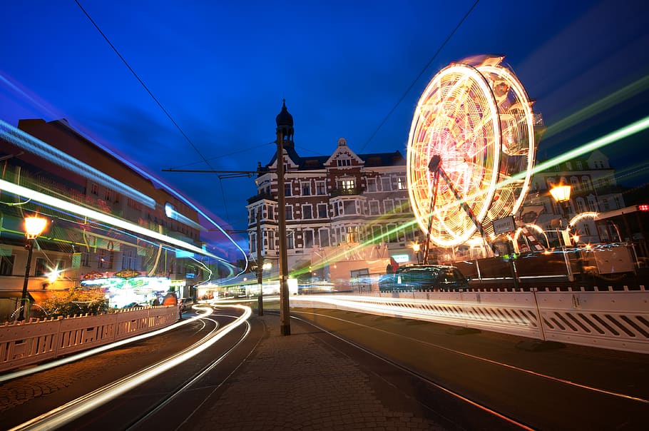 köpernick, berlin, summer, night, blue hour, blur, big wheel HD wallpaper