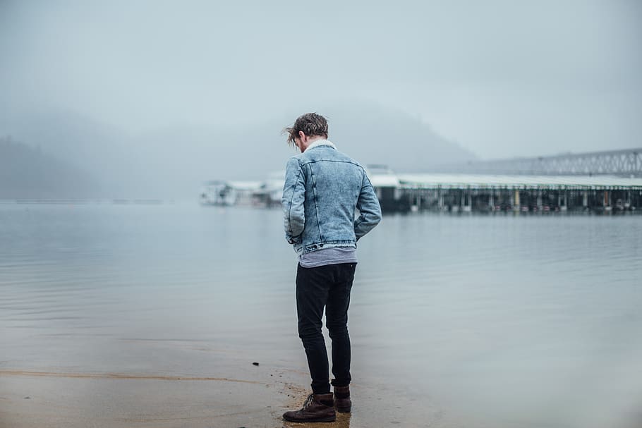 guy, man, people, denim, fashion, jacket, outdoors, lake, water HD wallpaper
