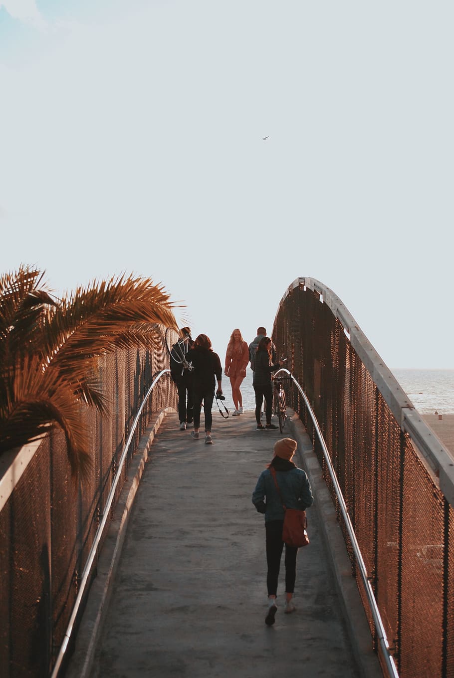 people walking on arch bridge, handrail, banister, railing, person HD wallpaper
