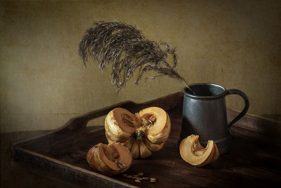 Gray Pot Beside Squashes, art, container, cup, fresh, hot, indoors HD wallpaper