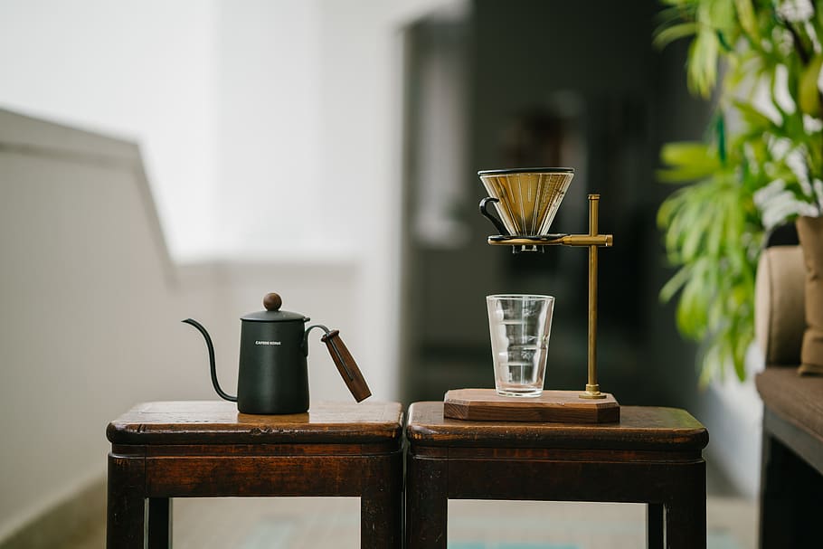 Teapot Beside Drinking Glass on Tables, blurred background, chairs HD wallpaper