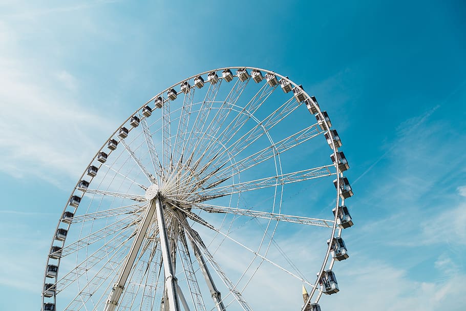 white ferris wheel, amusement park, amusement park ride, arts culture and entertainment HD wallpaper