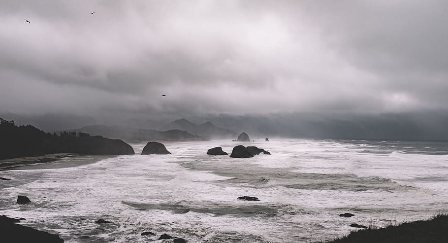 rock formations between sea under gray sky, nature, coast, grey