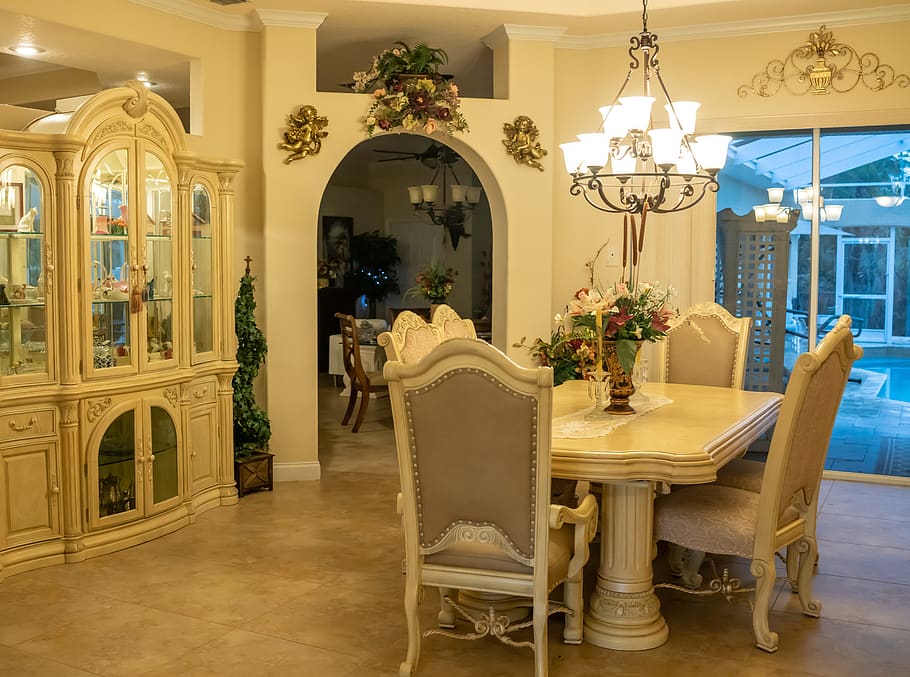 formal dining room, interior design, pool, setting, furniture HD wallpaper