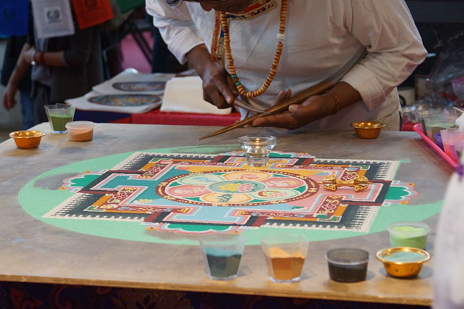 mandala, real people, midsection, one person, table, indoors HD wallpaper