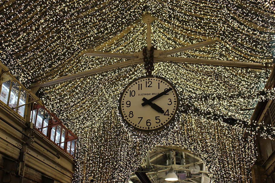 watch, light, magic, scene, market, low angle view, clock, architecture HD wallpaper