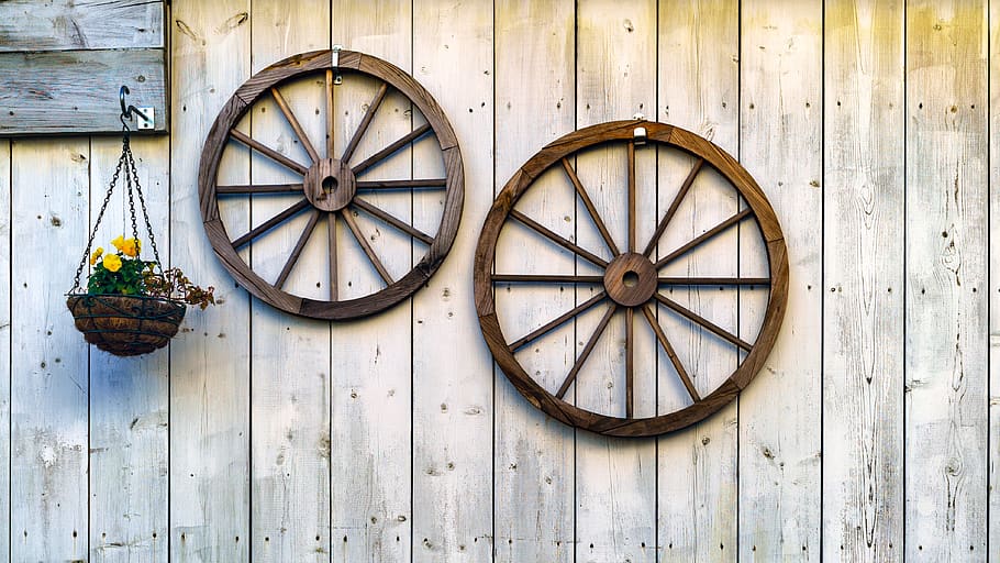 two brown carriage wheel wall decors, wood, architecture, building, HD wallpaper