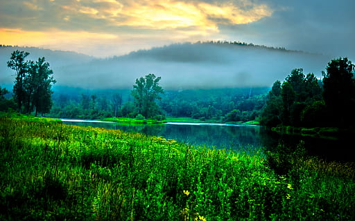 fog, river, ural, landscape, nature, reflection, mountains HD wallpaper