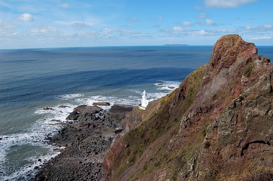 surf, sky, lighthouse, rocks, cliff, blue, panorama, devon HD wallpaper