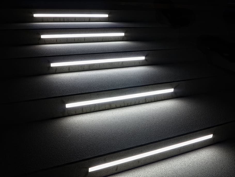 stair with fluorescent lights, black and white, neon light, neon white
