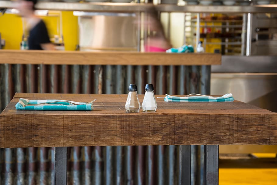table, wood, restaurant, pepper, salt, diner, shelf, furniture HD wallpaper