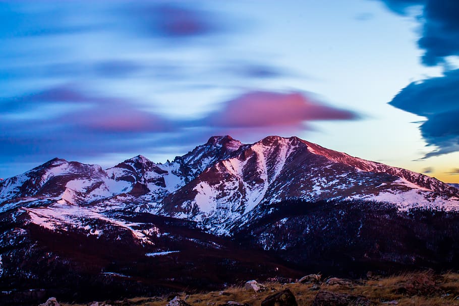 view, backpacking, sky, cold, hiking, mountain range, sun, tree HD wallpaper