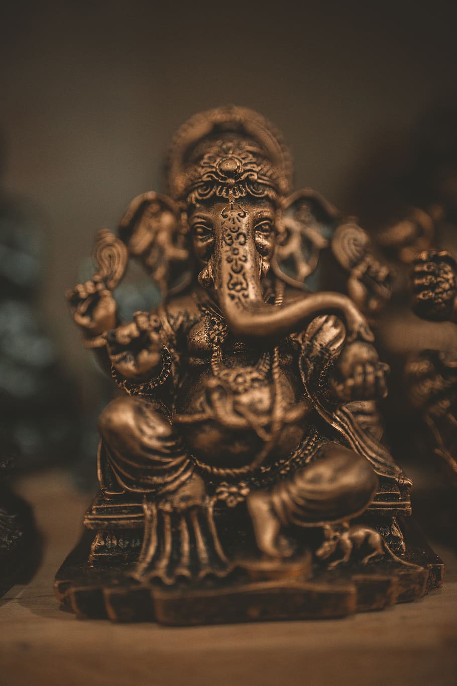 Brass-colored Lord Ganesha Figurine, ancient, art, Asian, buddha