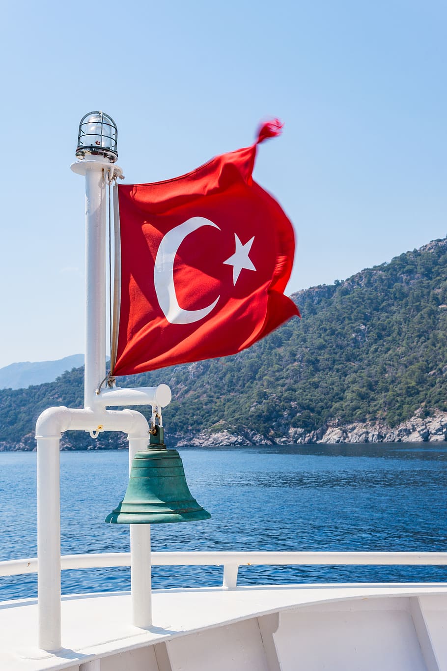 Turkey flag on pole with bell, red, water, mountain, patriotism HD wallpaper