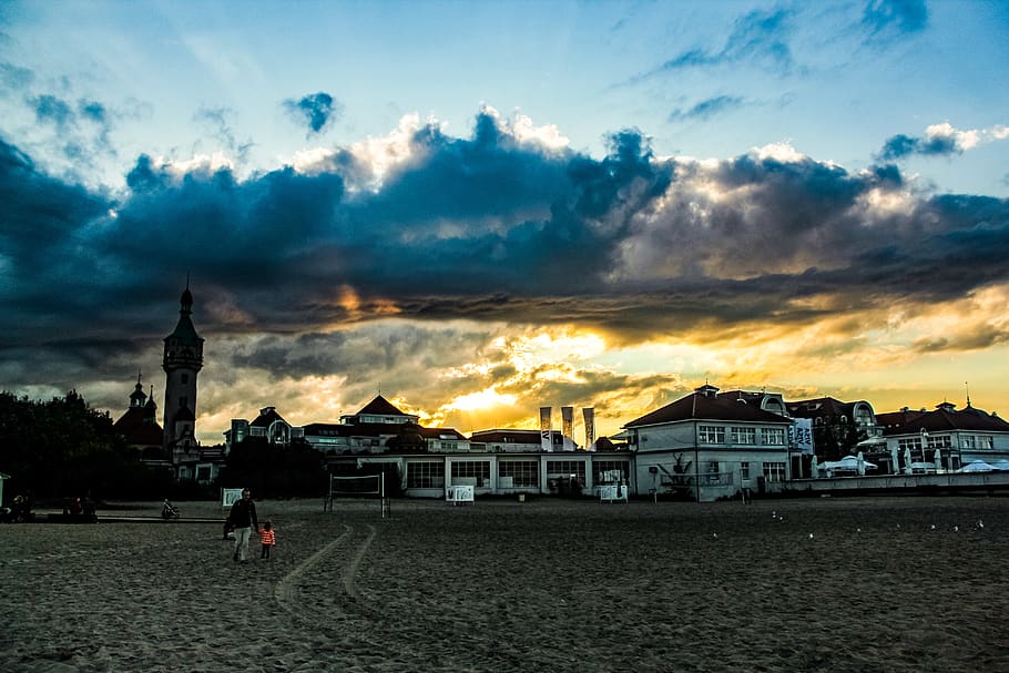 Beach Front Buildings, architecture, backlit, clouds, dawn, sand HD wallpaper