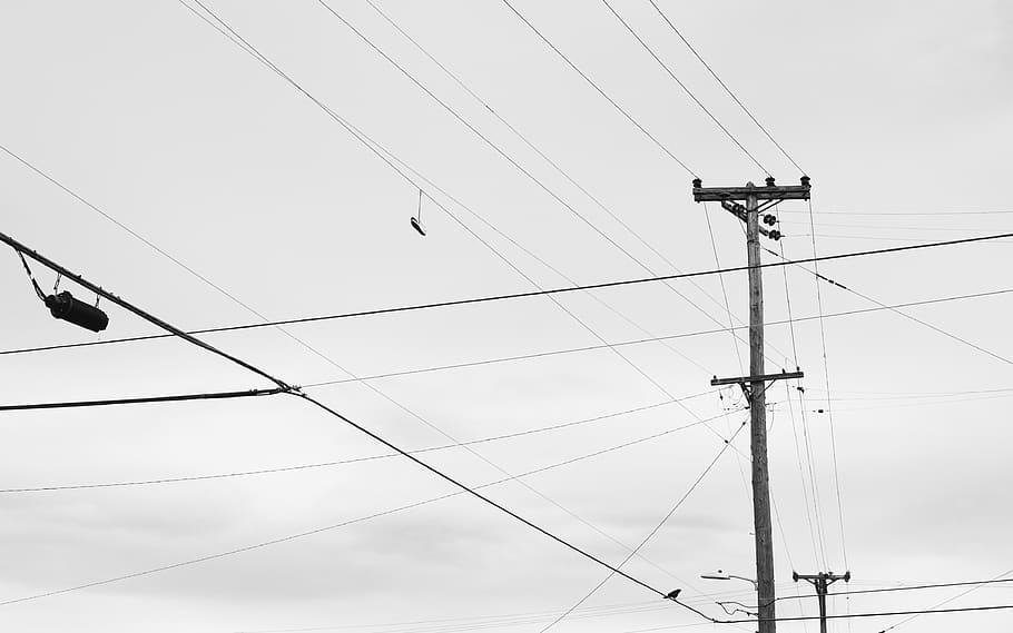gray power post, utility pole, cable, power lines, electric transmission tower, HD wallpaper