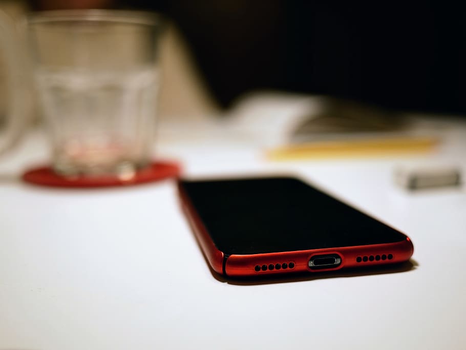 iphone, red, white, wireless technology, connection, close-up HD wallpaper