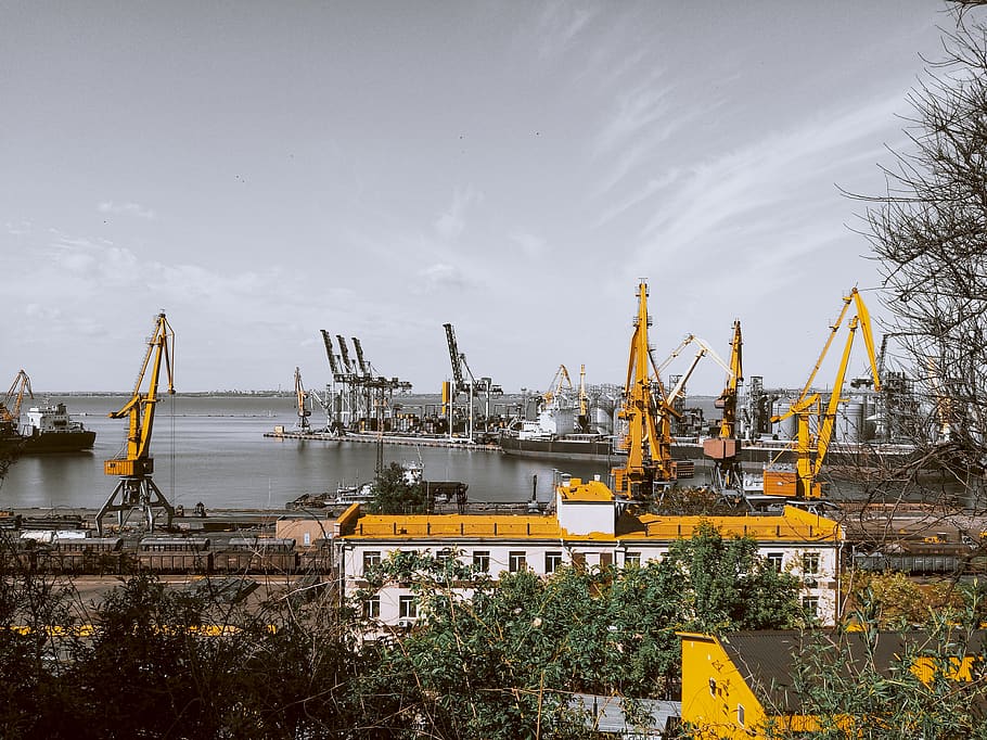 ukraine, odessa oblast, sea, crane, sea ​​port, black, yellow, HD wallpaper