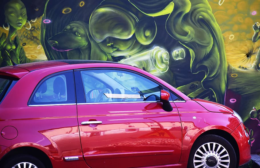 red, green, colors, wall, car, street art, mode of transportation, HD wallpaper