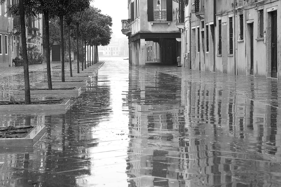 venice, italy, reflection, rain, street, bandw, water, architecture HD wallpaper