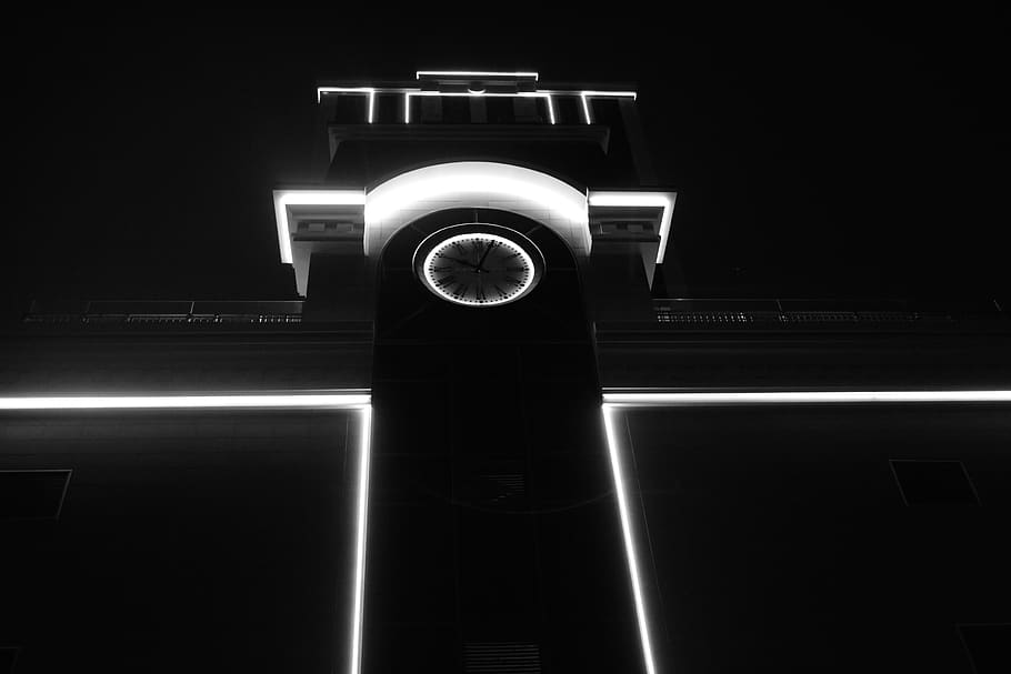 clock, building, black and white, architecture, night, kyiv HD wallpaper