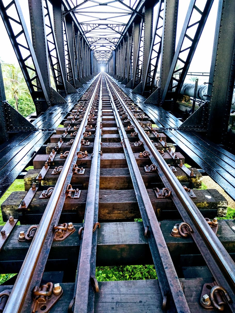 Black Metal Railway, bolts, bridge, daylight, guidance, iron, HD wallpaper